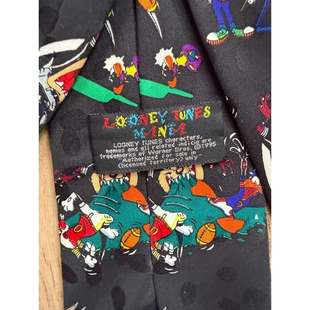 Vintage 1995 Looney Tunes Mania Football Cartoon Silk Neck Tie Warner Bros